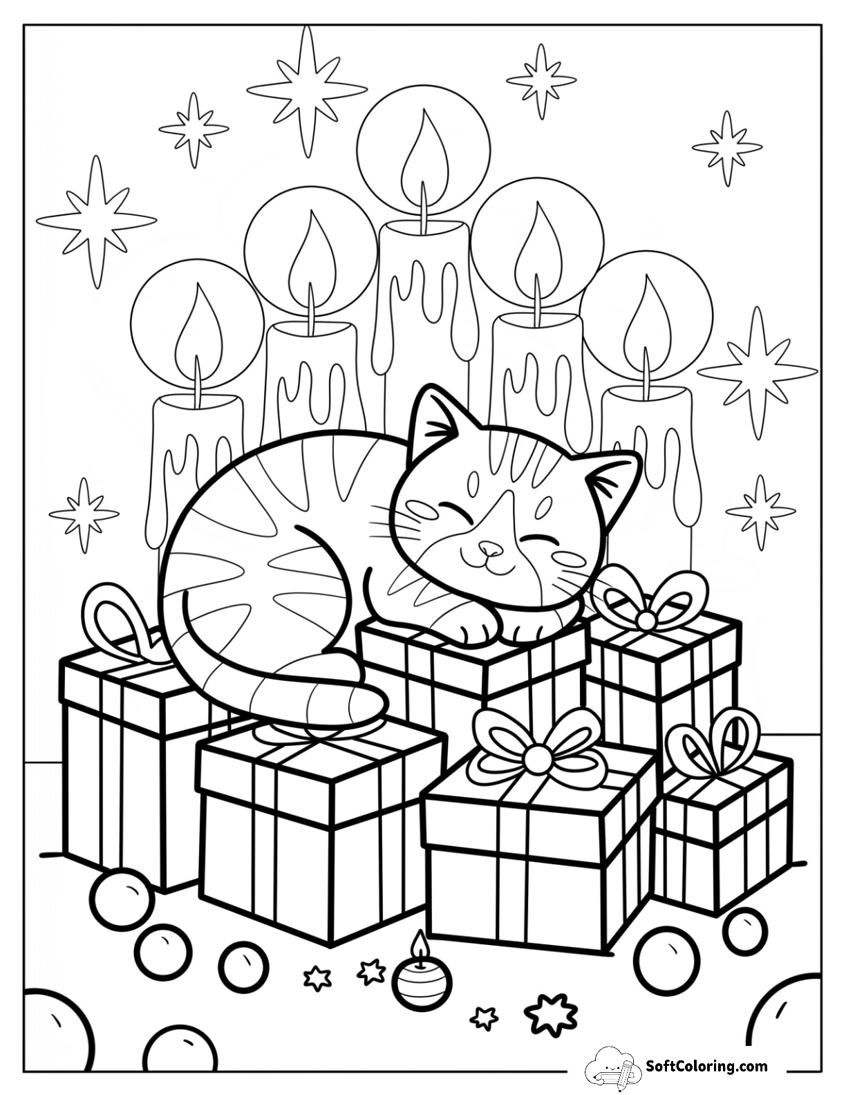 Sleeping Christmas Cat On Wrapped Gifts With Candlelight