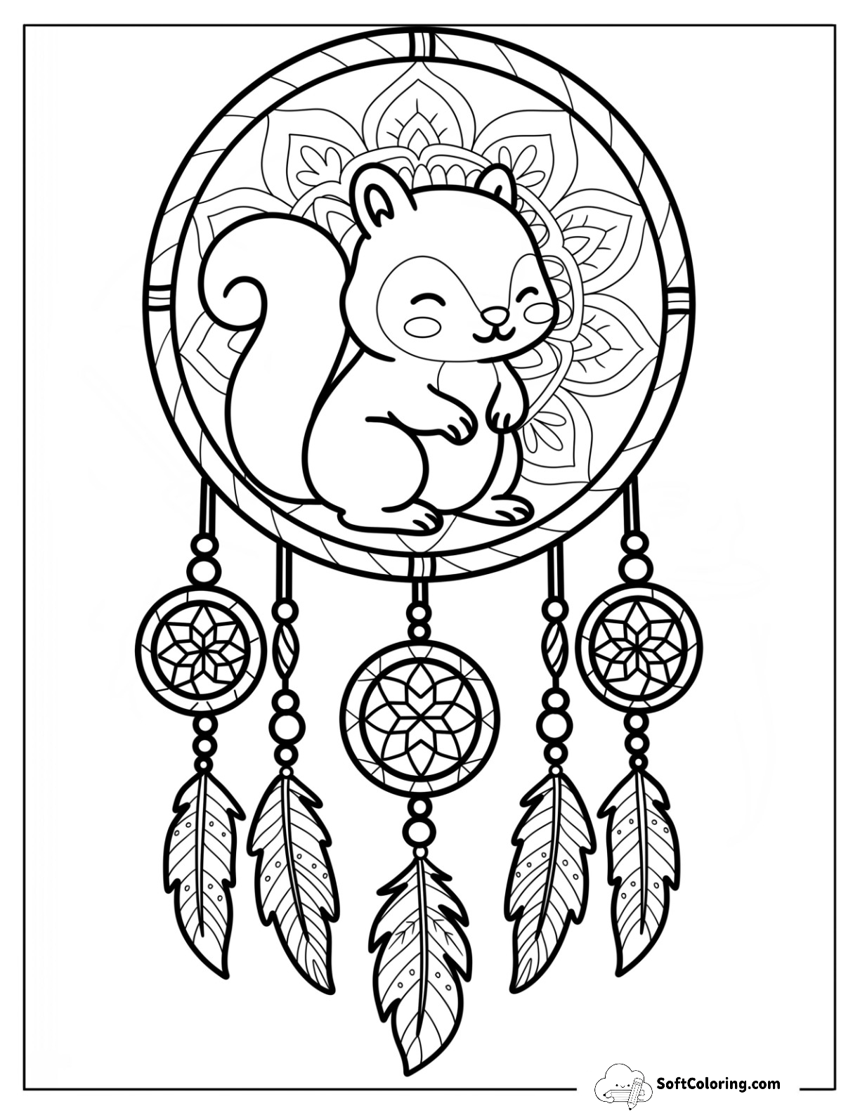 Sleeping Squirrel In Dreamcatcher With Feathers