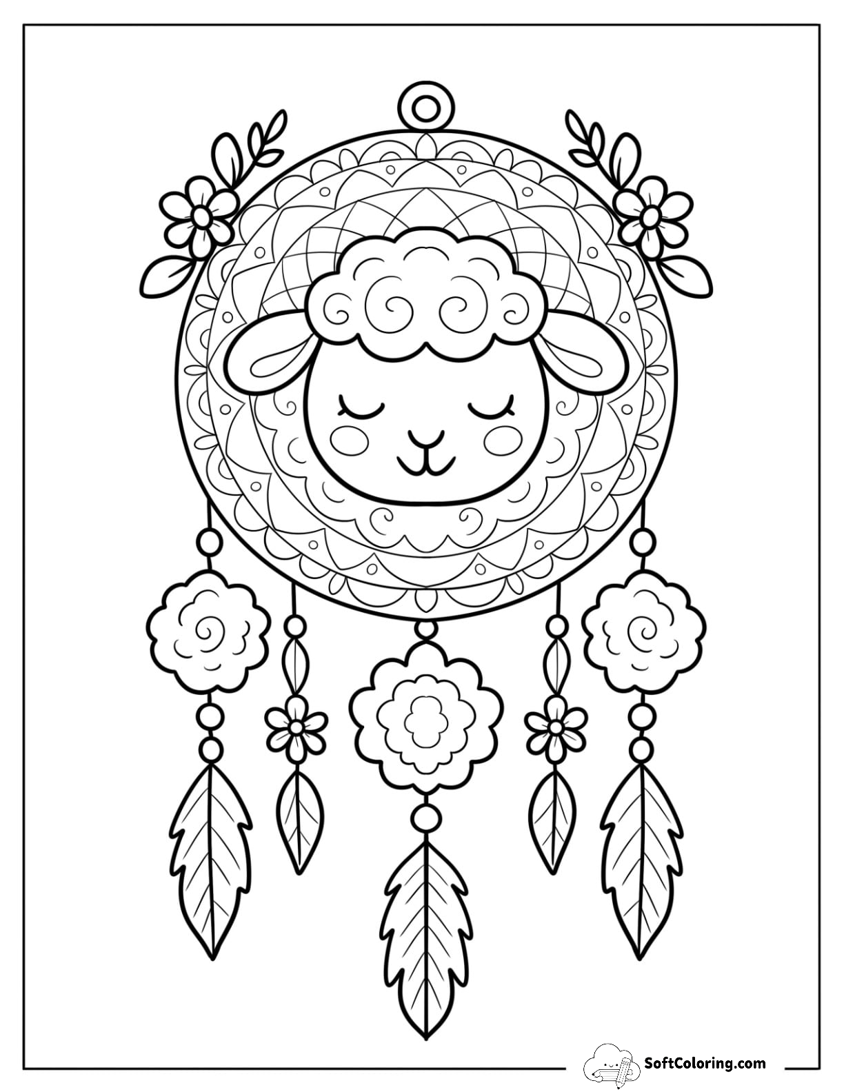 Sleepy Sheep Coloring Page Inside A Whimsical Dreamcatcher
