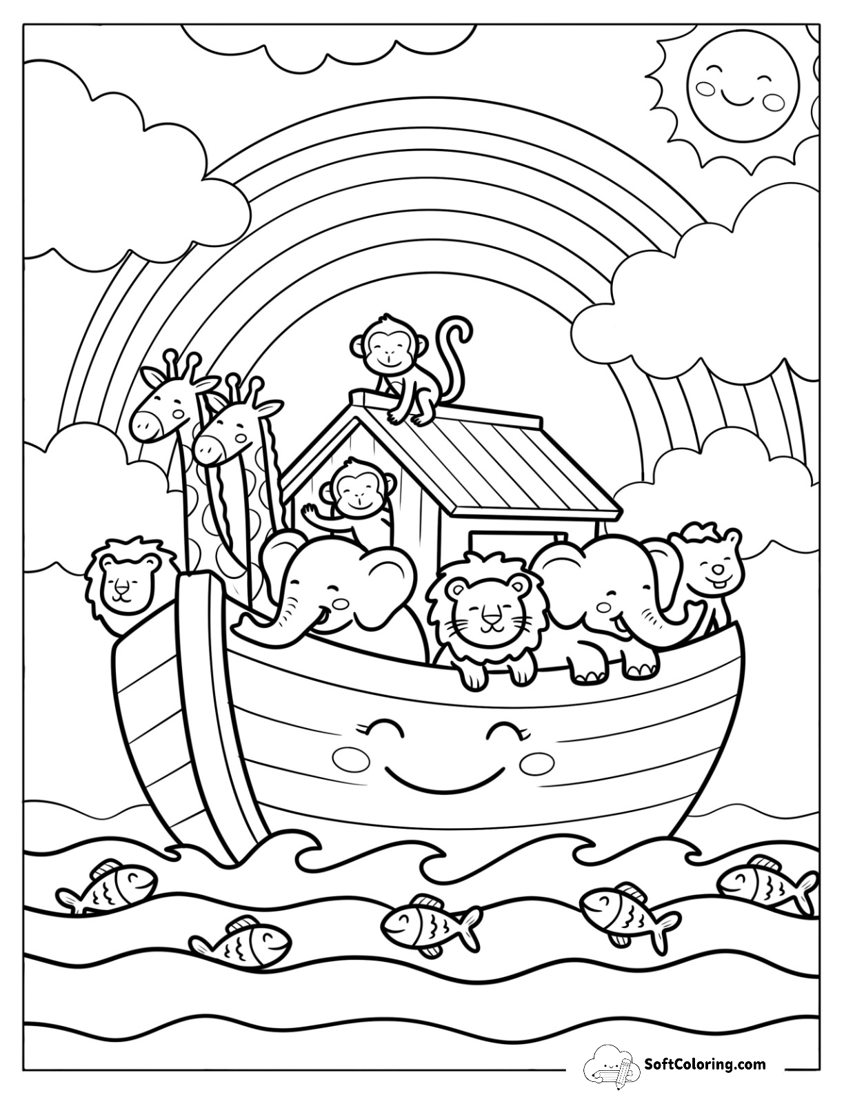 Smiling Animals In Noah's Ark With Rainbow And Sunny Sky