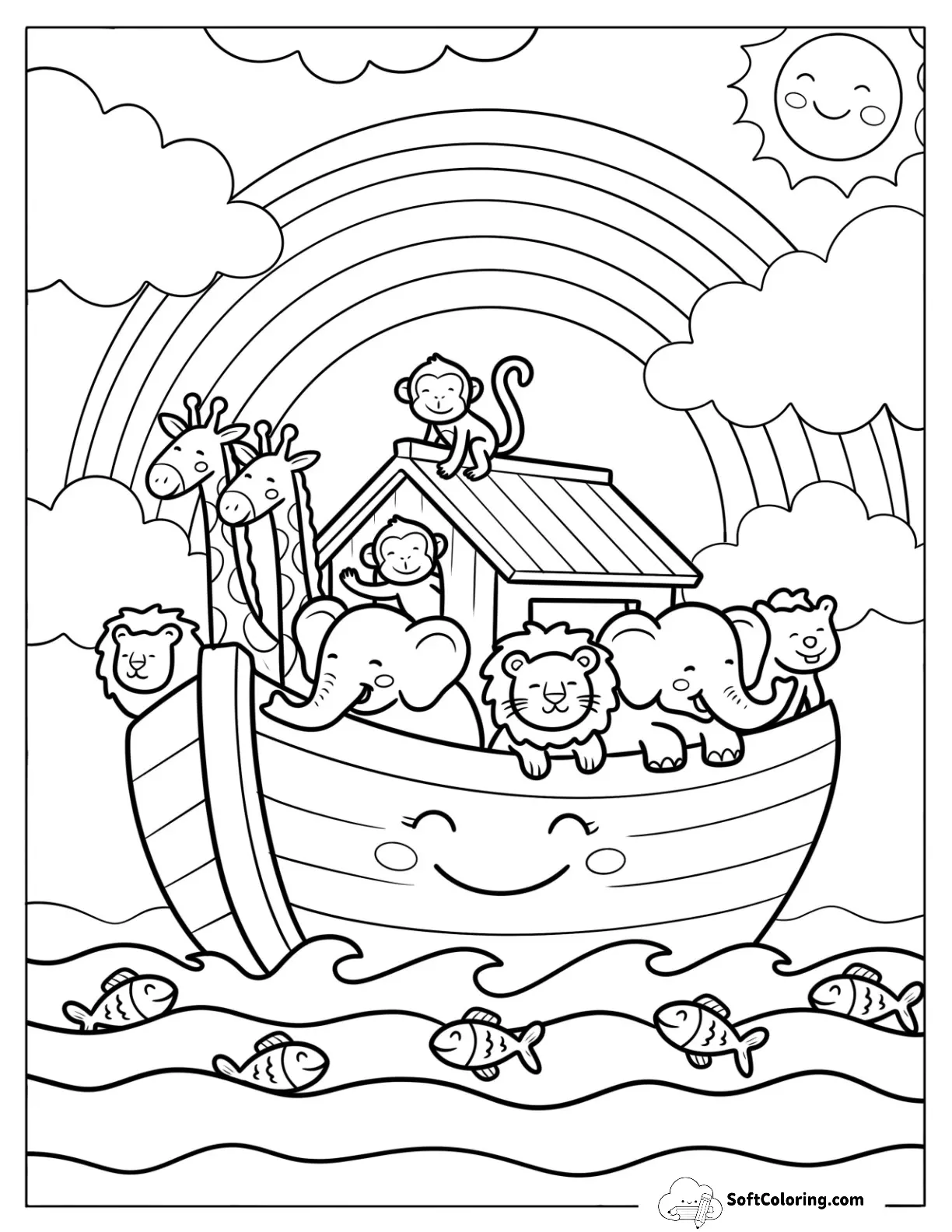 Smiling Animals In Noah's Ark With Rainbow And Sunny Sky