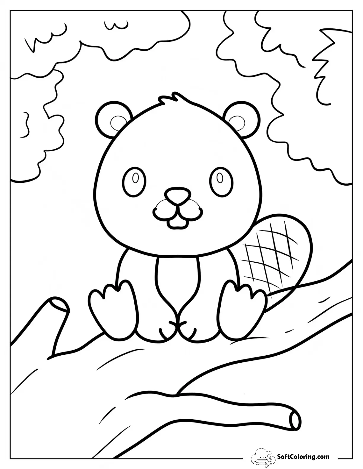 Smiling Baby Beaver Coloring Page On A Tree