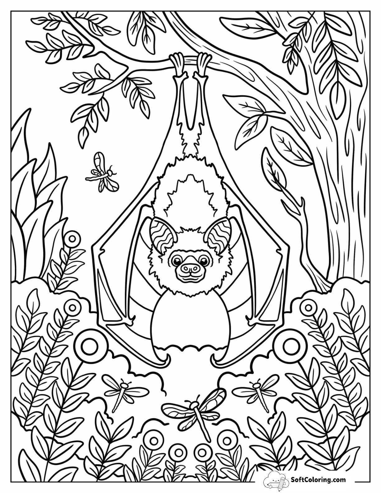 Smiling Bat Hanging From A Tree In The Forest
