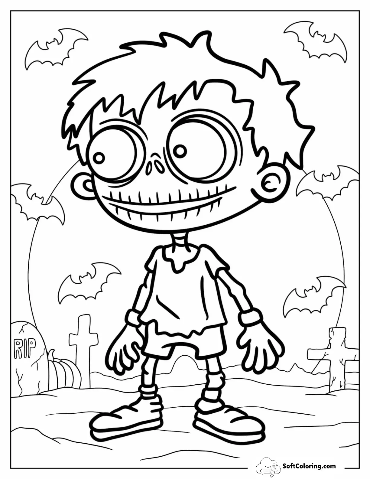 Smiling Boy Zombie Coloring Page With Bats In The Background