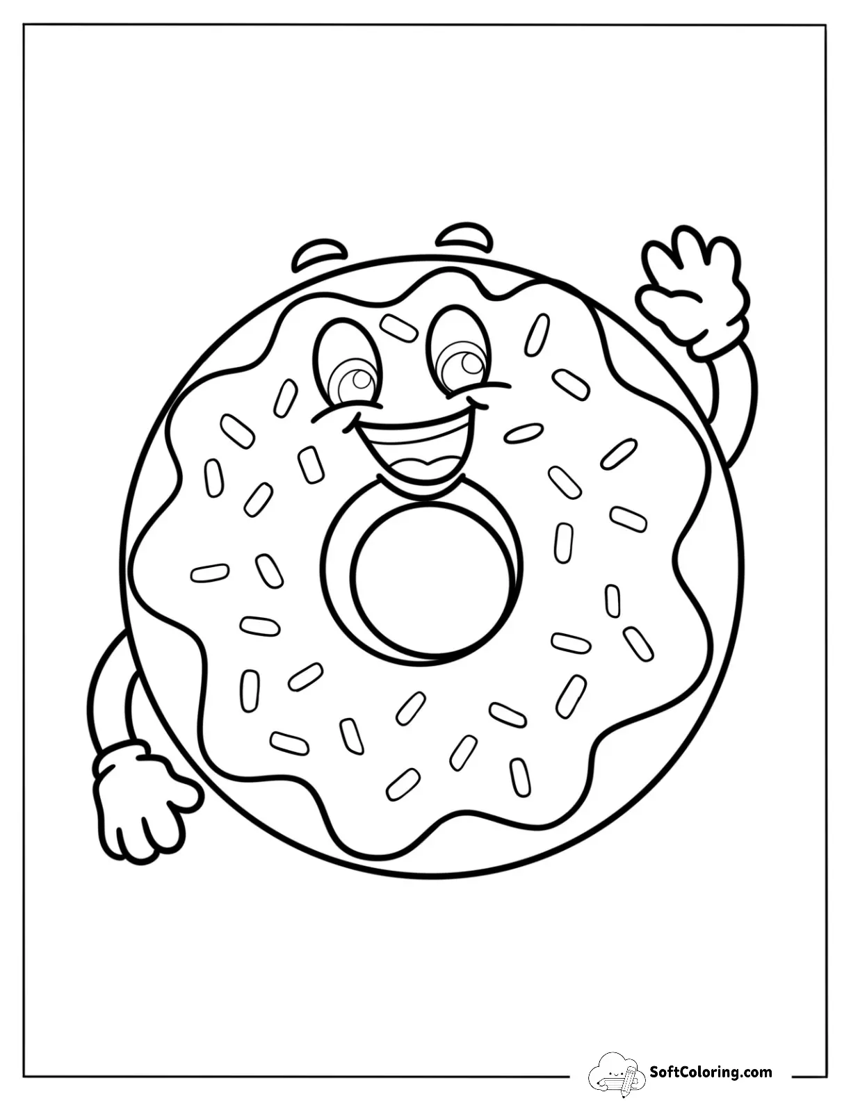 Smiling Cartoon Donut Coloring Page Waving Hand For Kids