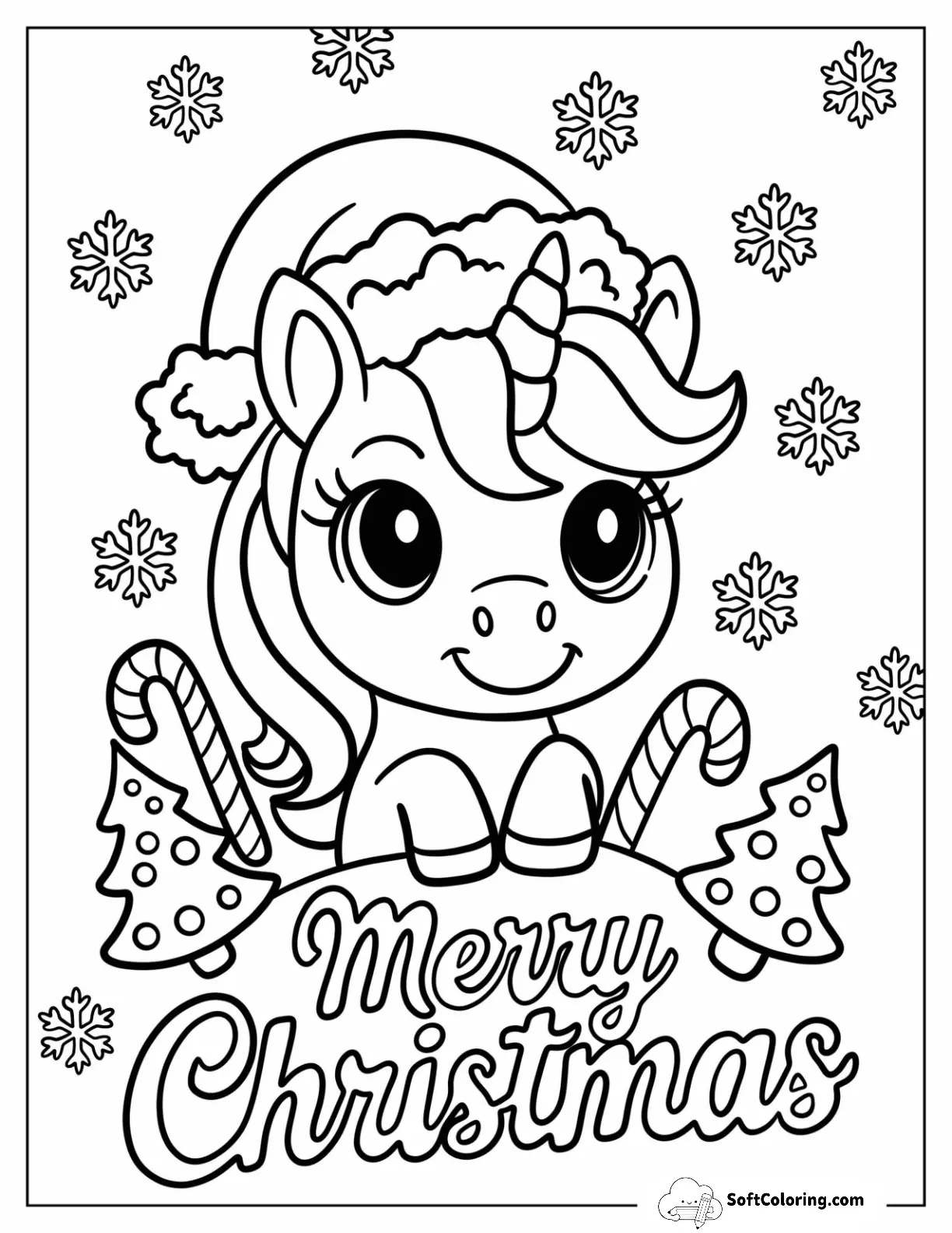 Smiling Christmas Unicorn With Trees, Candy Canes, And Snowflakes