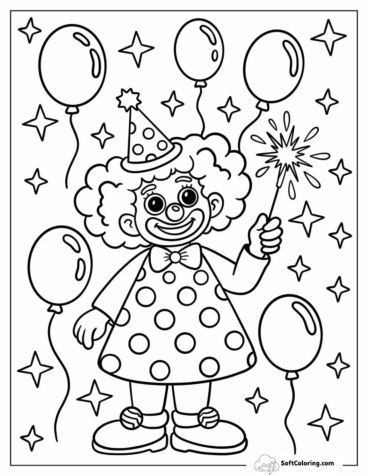 Smiling Clown Coloring Page Holding Up A Sparkler Surrounded By Balloons