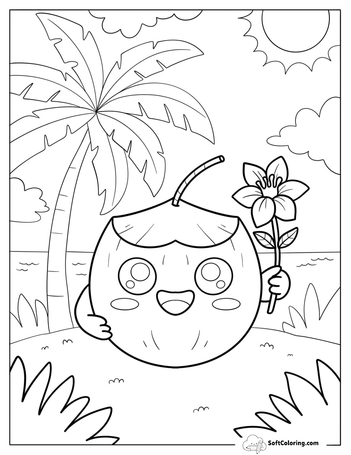 Smiling Coconut Holding A Flower On Sunny Beach With Palm Tree