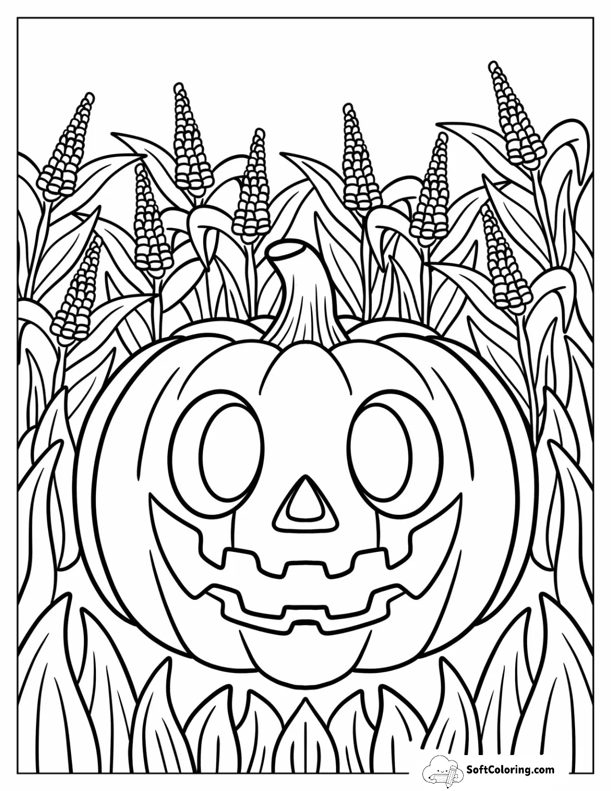 Smiling Jack-O-Lantern Surrounded By Corn Stalks
