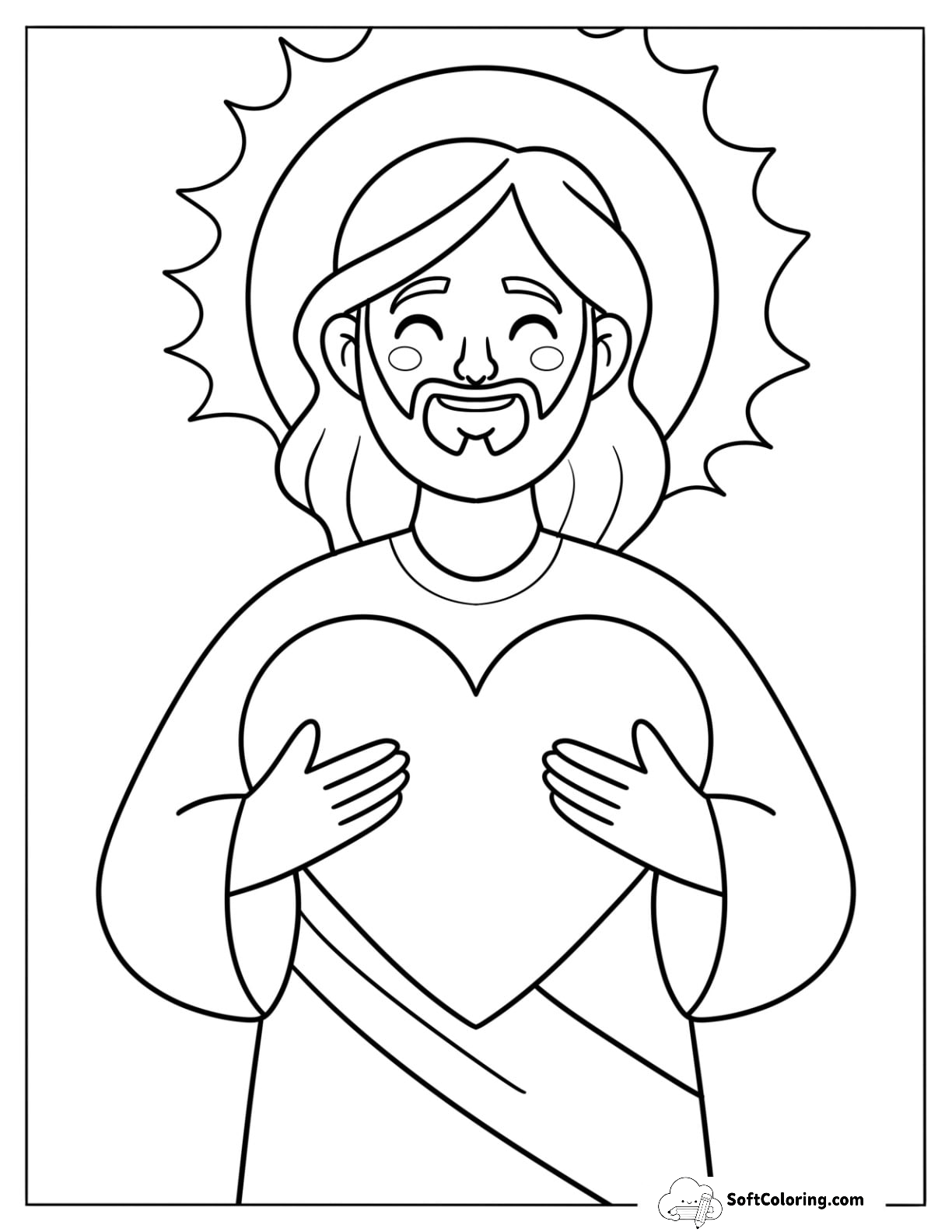 Smiling Jesus Coloring Pages With A Halo Holding A Love Heart For Preschoolers