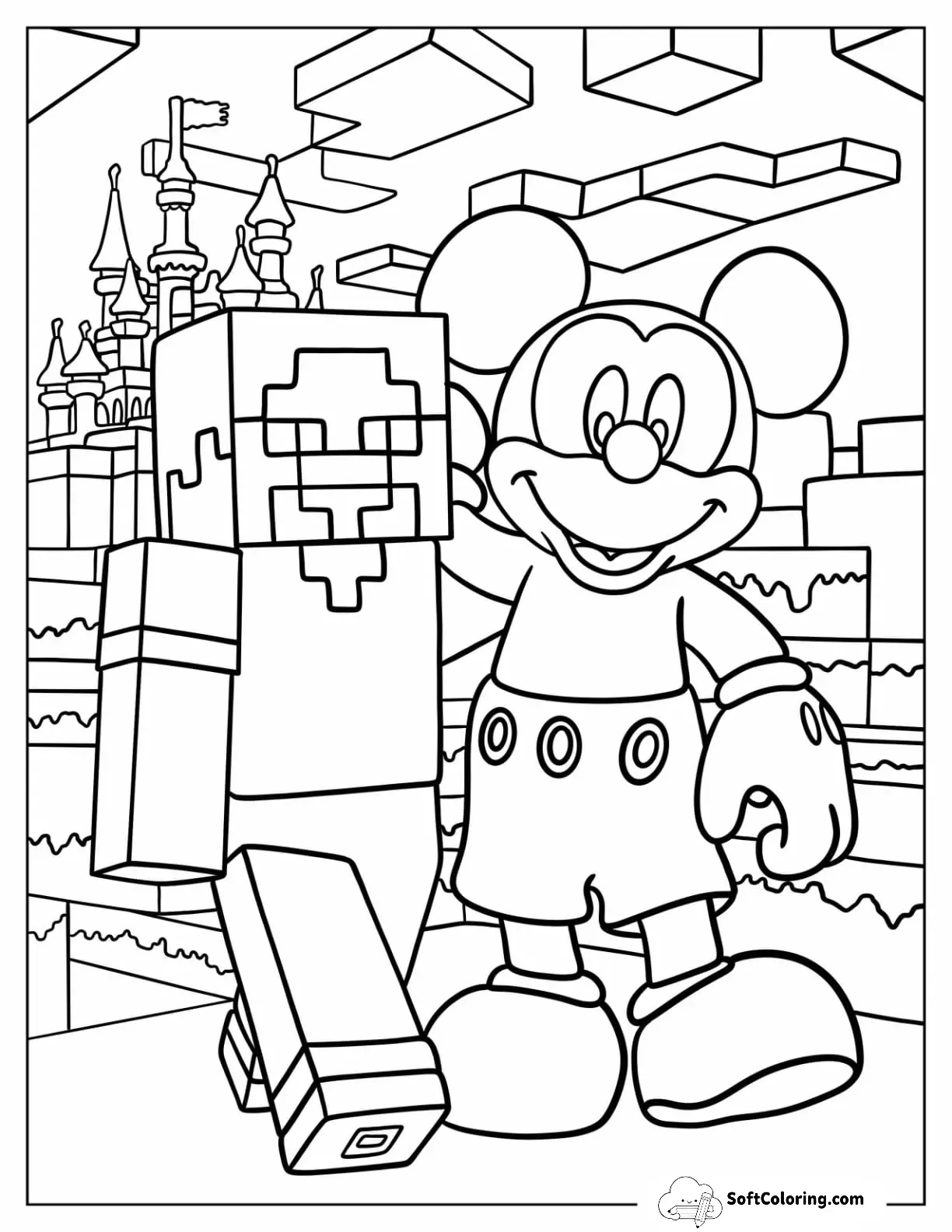 Smiling Mickey Mouse Coloring Page Walking With Minecraft Steve