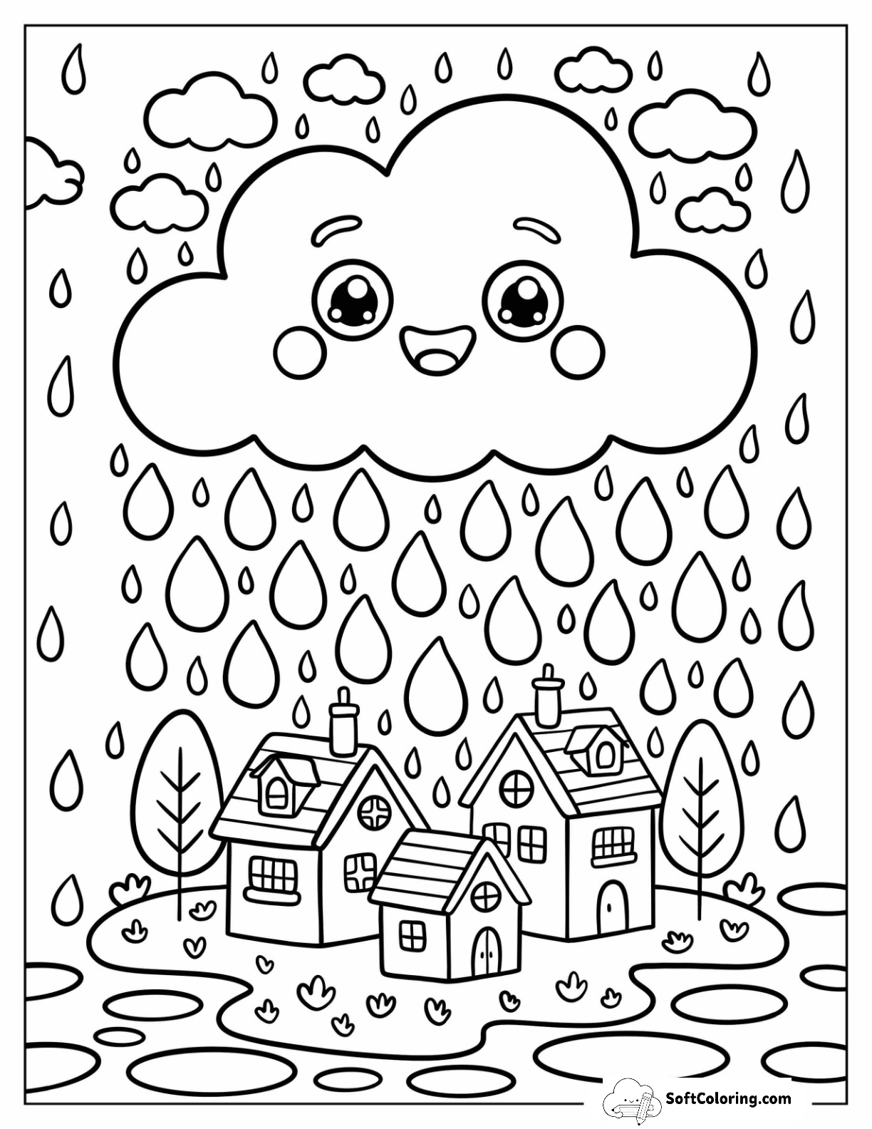Cloud Above Row Of Cottages With Water Puddles And Plants