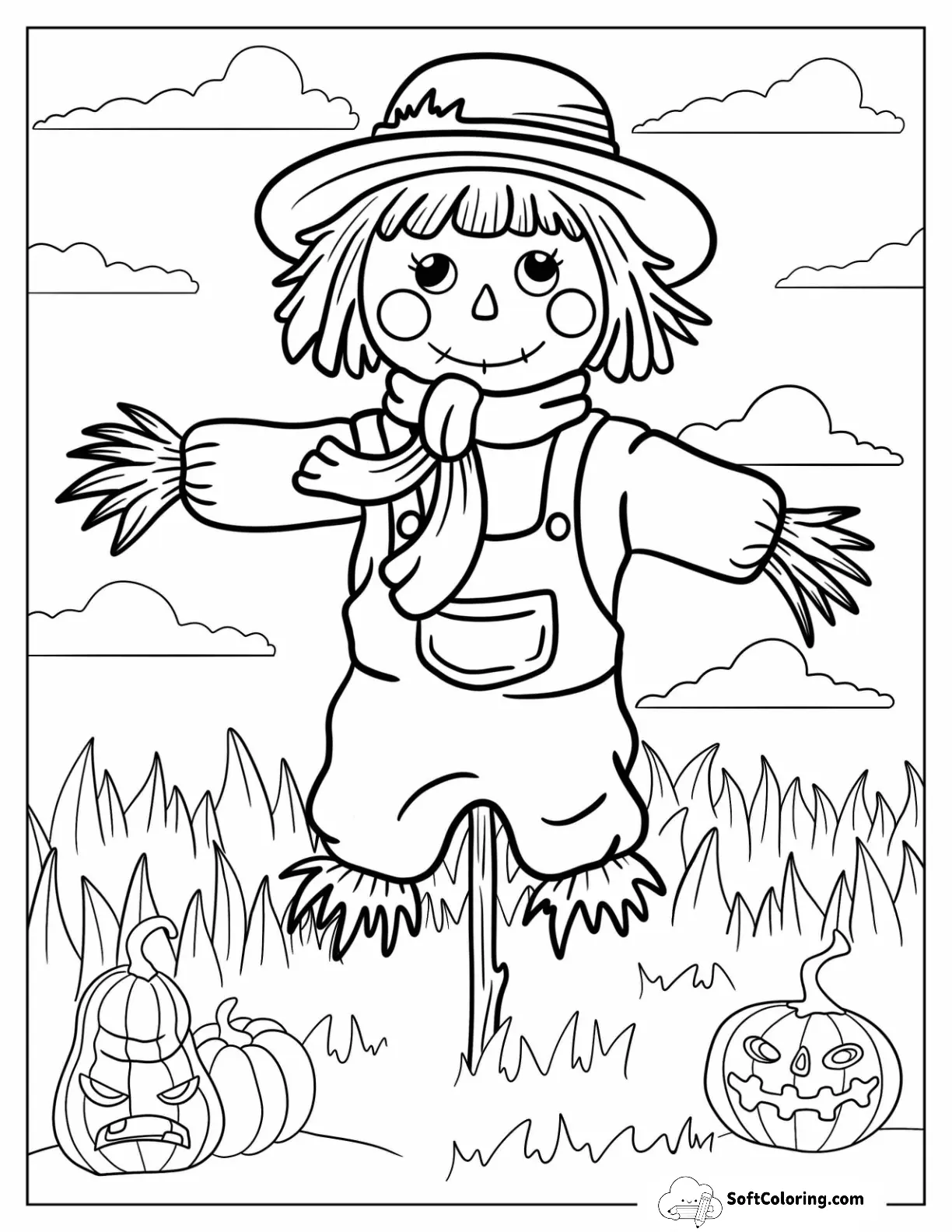 Smiling Scarecrow Coloring Page In The Field Wearing A Scarf