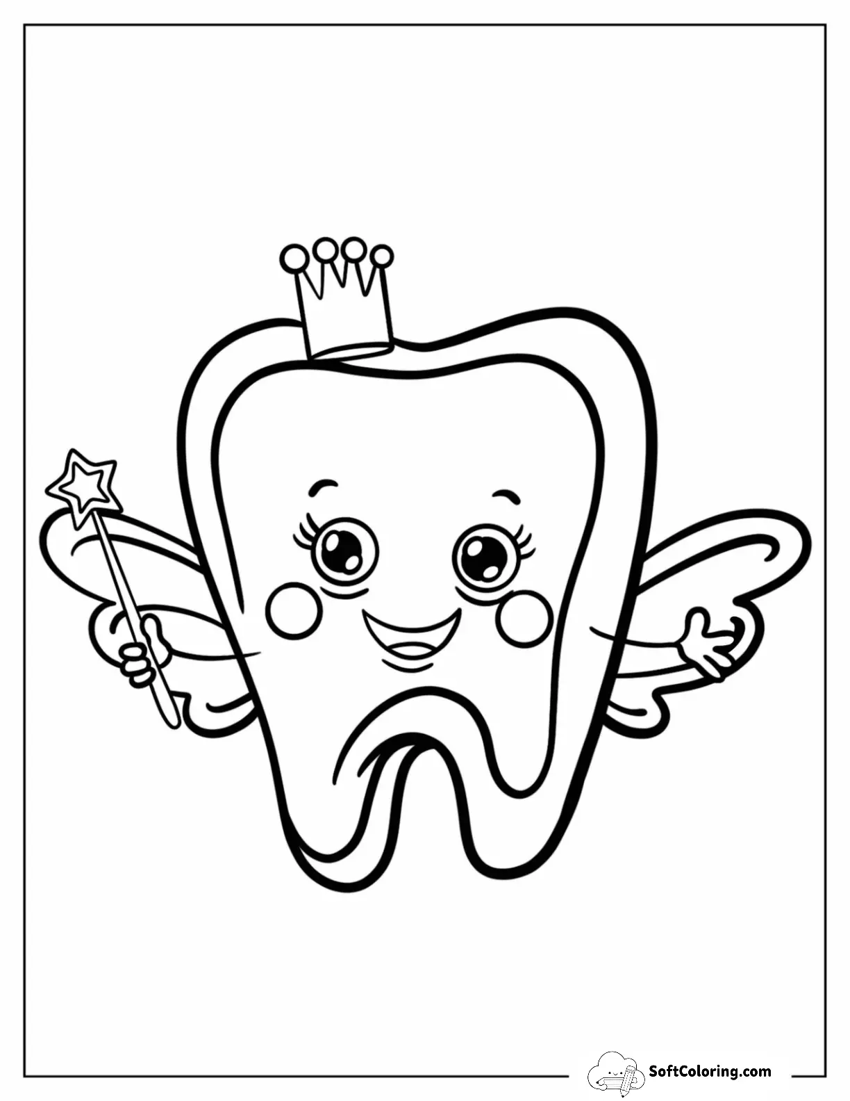 Smiling Tooth Fairy Coloring Page With Crown And Wand For Preschoolers
