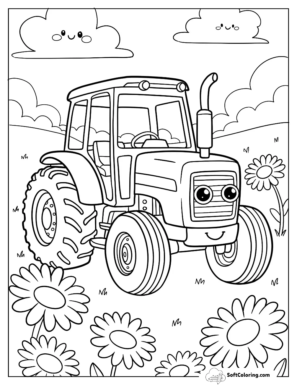 Smiling Tractor With Happy Clouds And Daisies