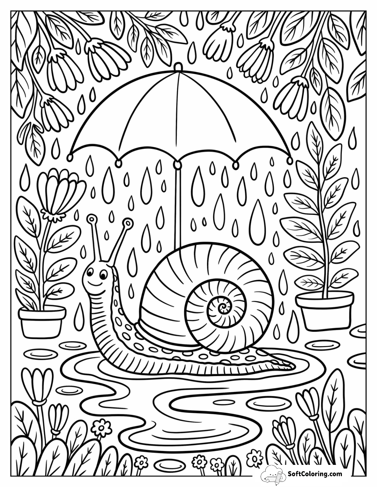 Snail Under Umbrella Surrounded By Potted Plants And Falling Rain