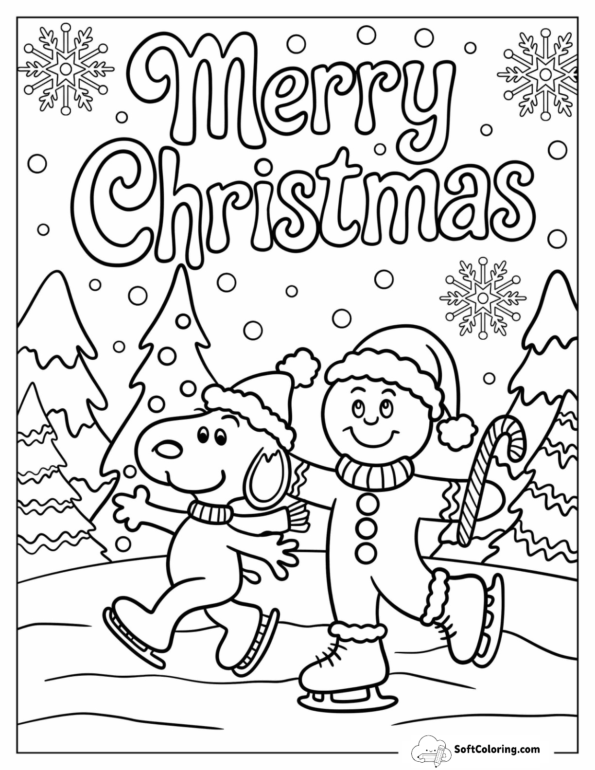 Snoopy Skating With Gingerbread Man Under Snowy Trees