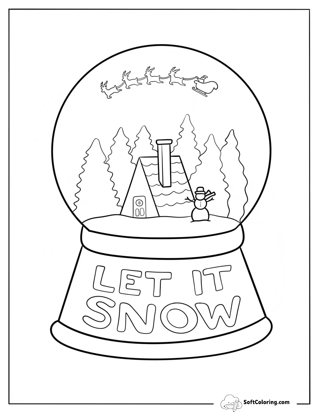 Snow Globe Coloring Page With Winter Cottage And Santa On A Sleigh