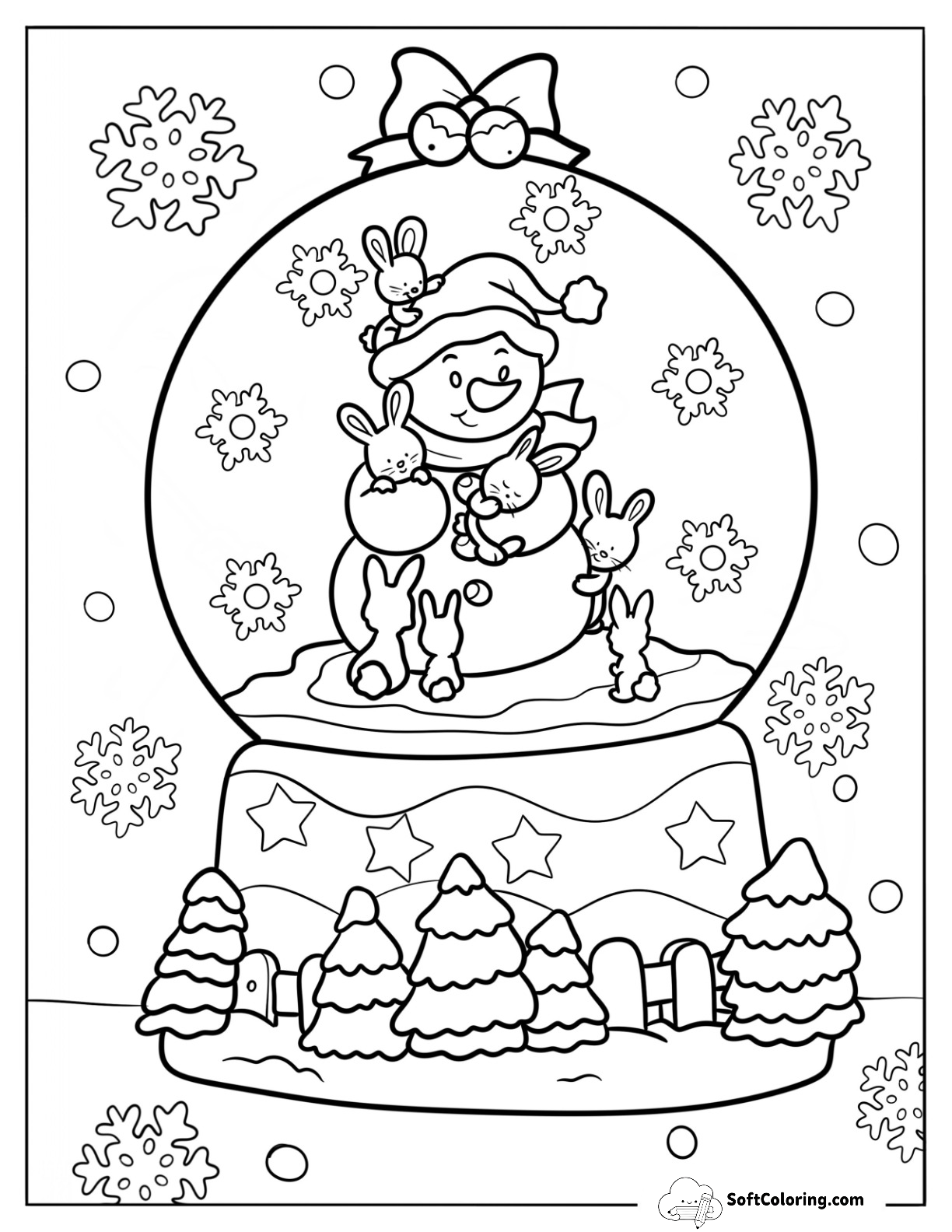 Snowman Hugging Rabbits Snow Globe Coloring Page
