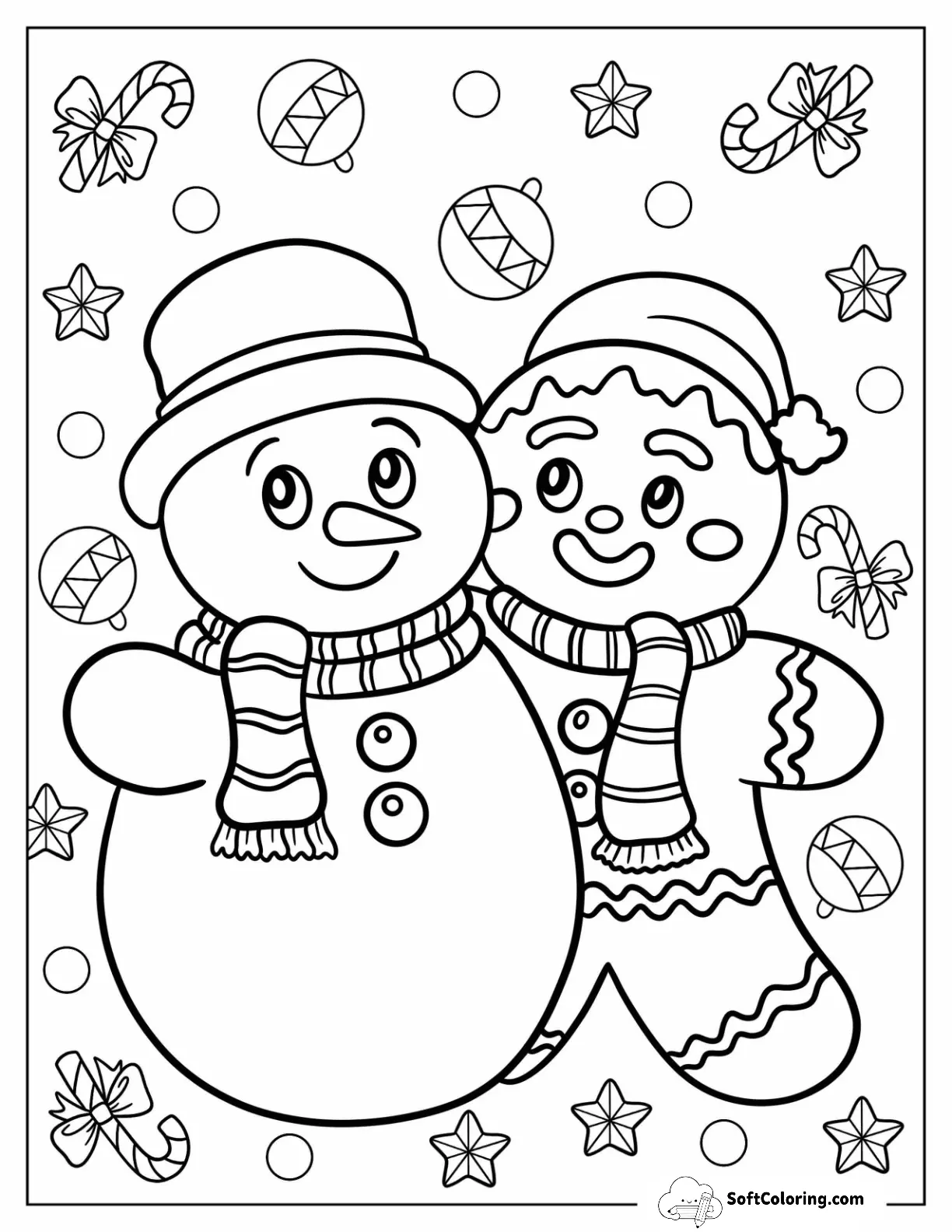 Snowman In Hat With Gingerbread Man On Christmas