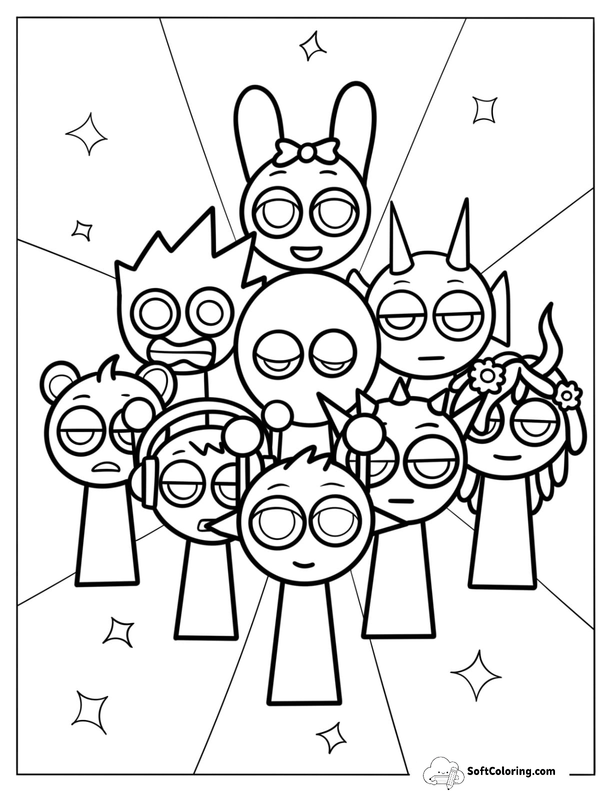 Sparkly Sprunki Coloring Page Of Cast For Kids