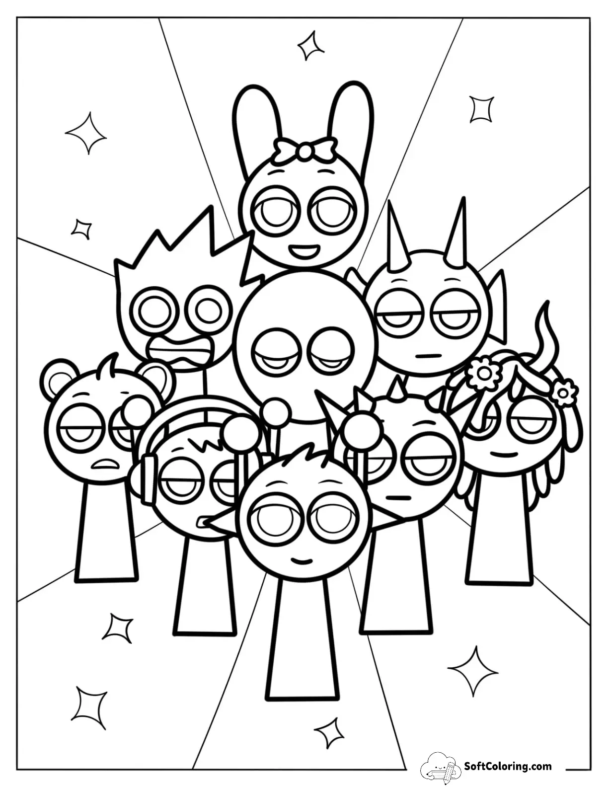 Sparkly Sprunki Coloring Page Of Cast For Kids