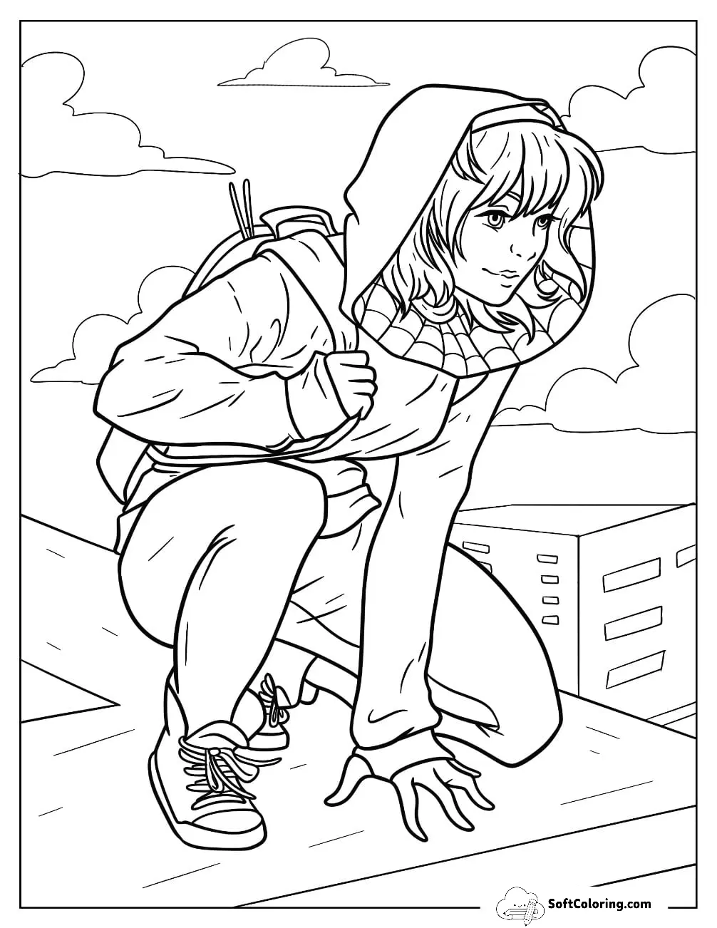 Spider-Gwen Crouched On The Edge Of A Roof