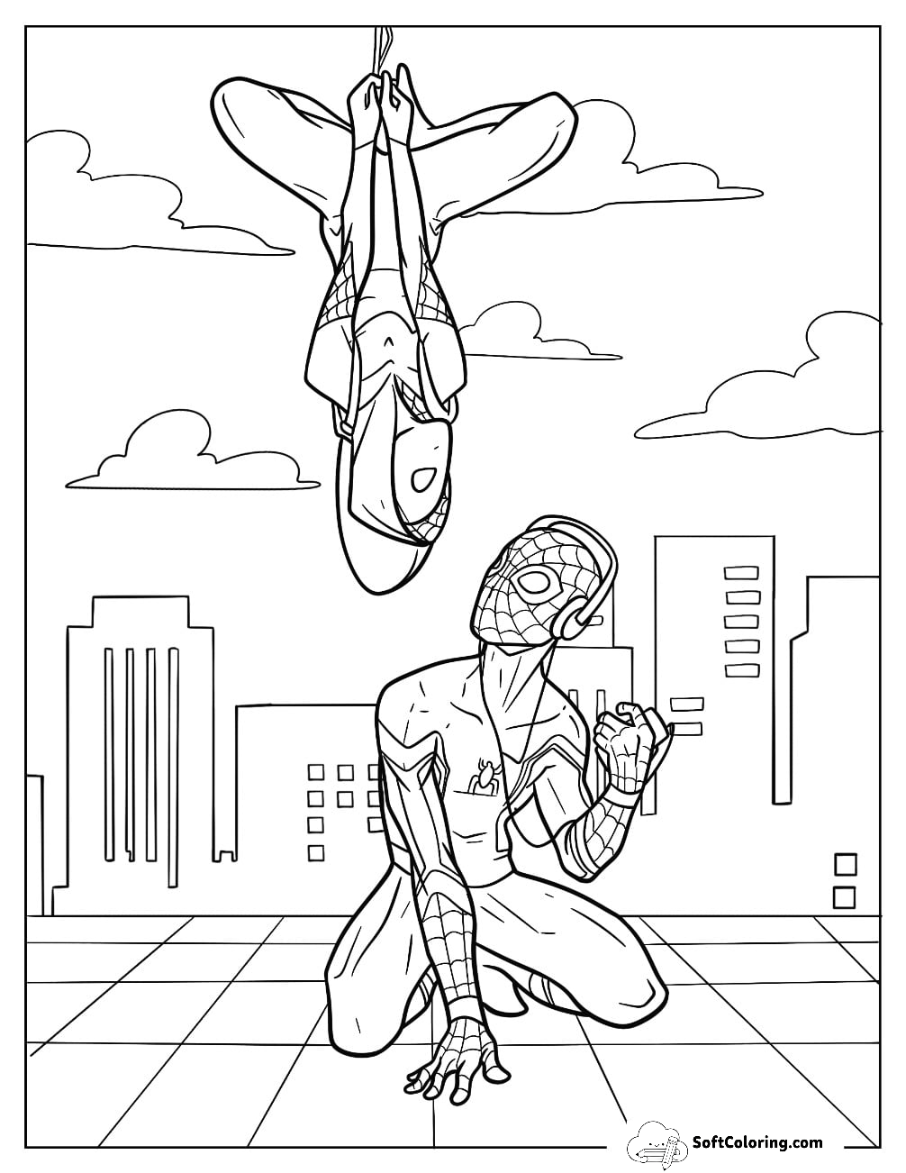 Spider-Gwen Hanging Upside Down Next To Spider Man