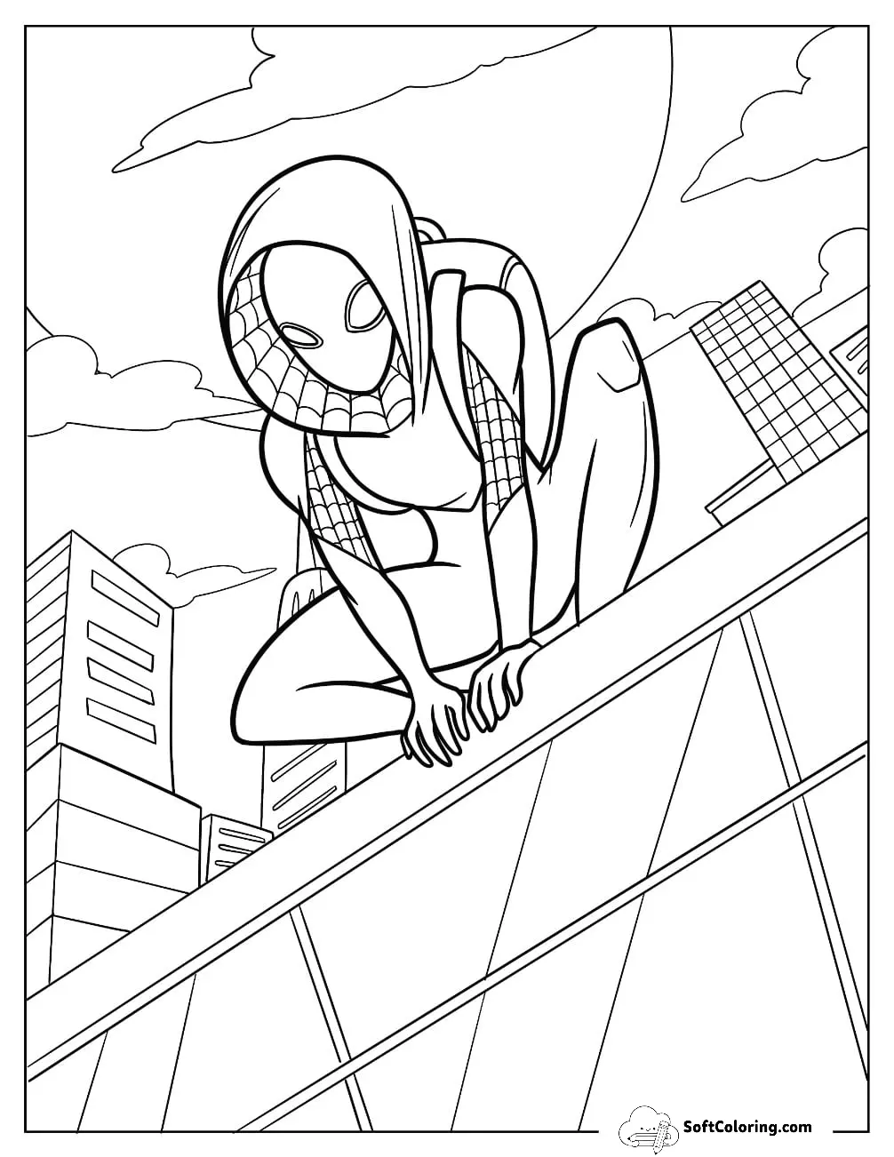 Spider-Gwen Looking Down From The Top Of A Building