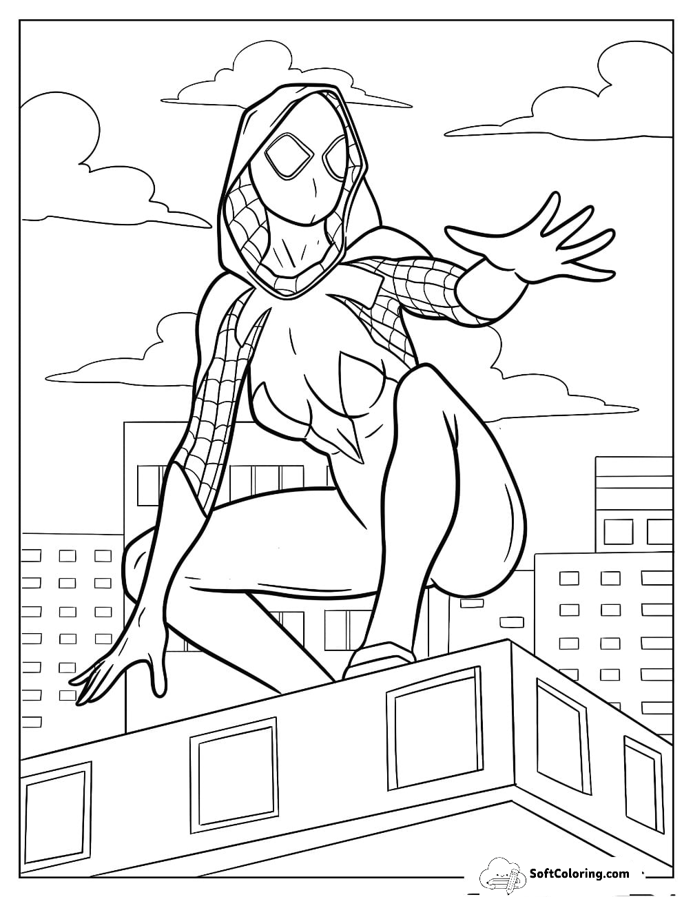 Spider-Gwen On The Edge Of A Building Holding Her Hand Out