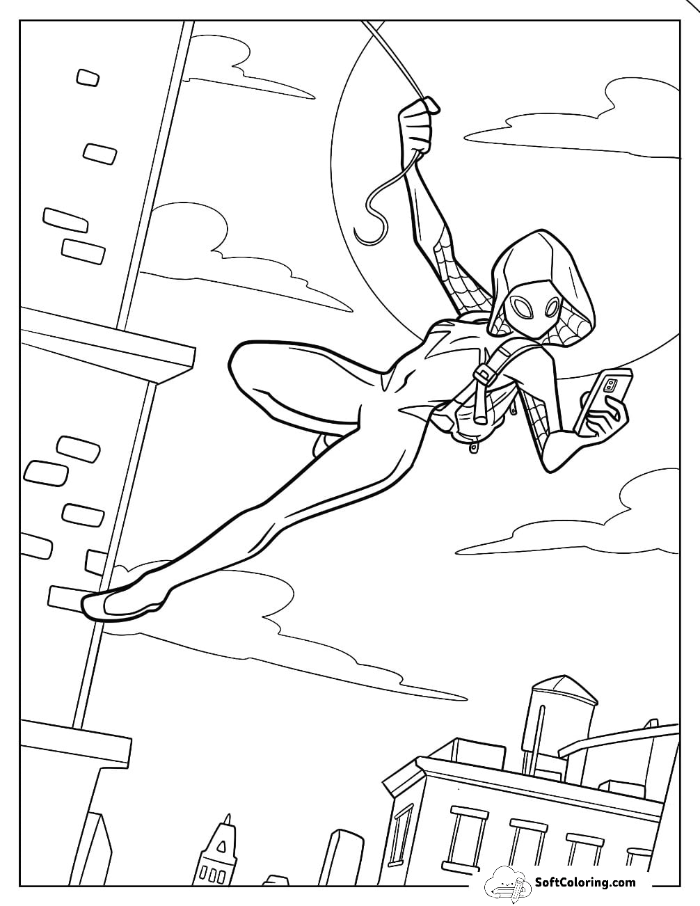Spider-Gwen Coloring Page Texting While Swinging From A Web