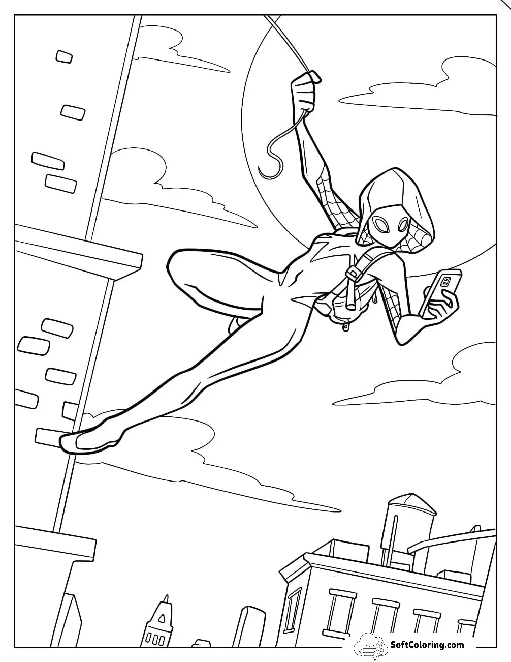 Spider-Gwen Coloring Page Texting While Swinging From A Web