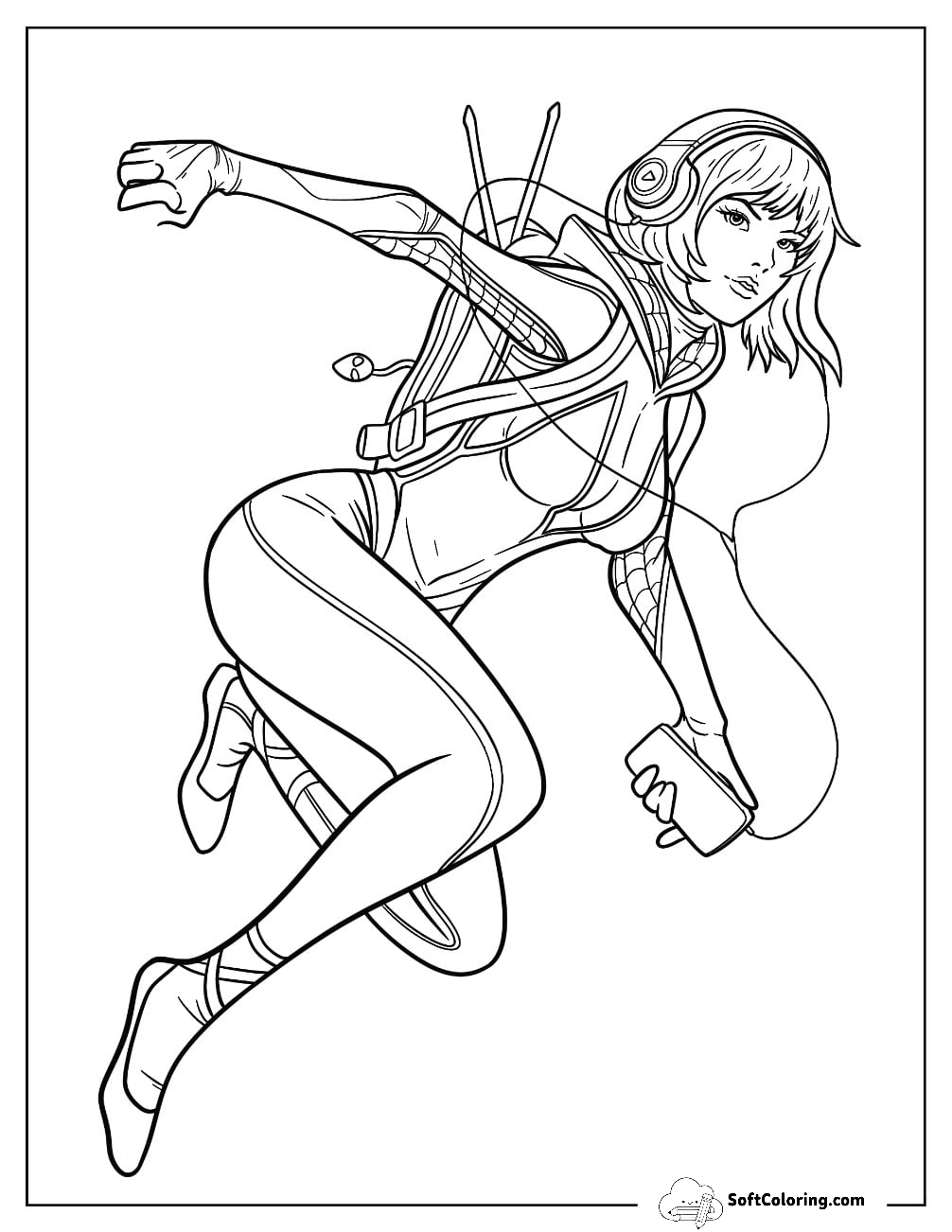 Spider-Gwen Coloring Page Wearing Headphones And Backpack