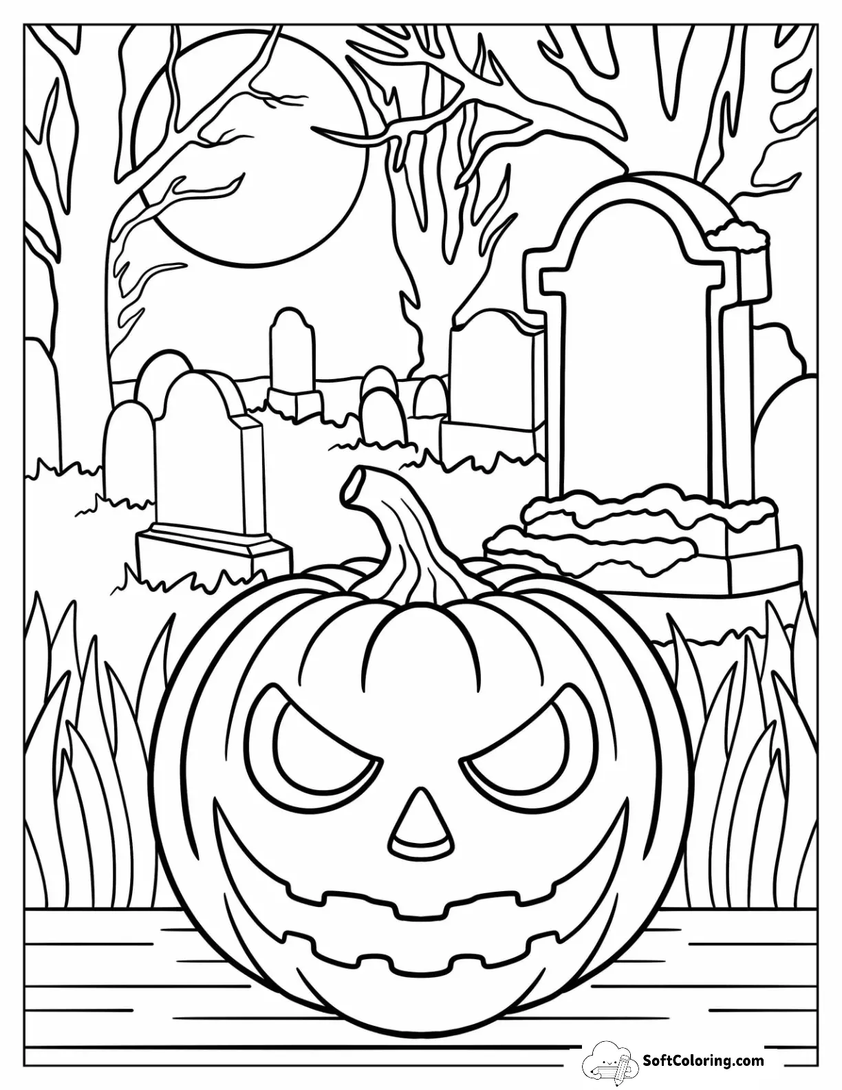 Spooky Jack-O-Lantern In The Cemetery At Full Moon