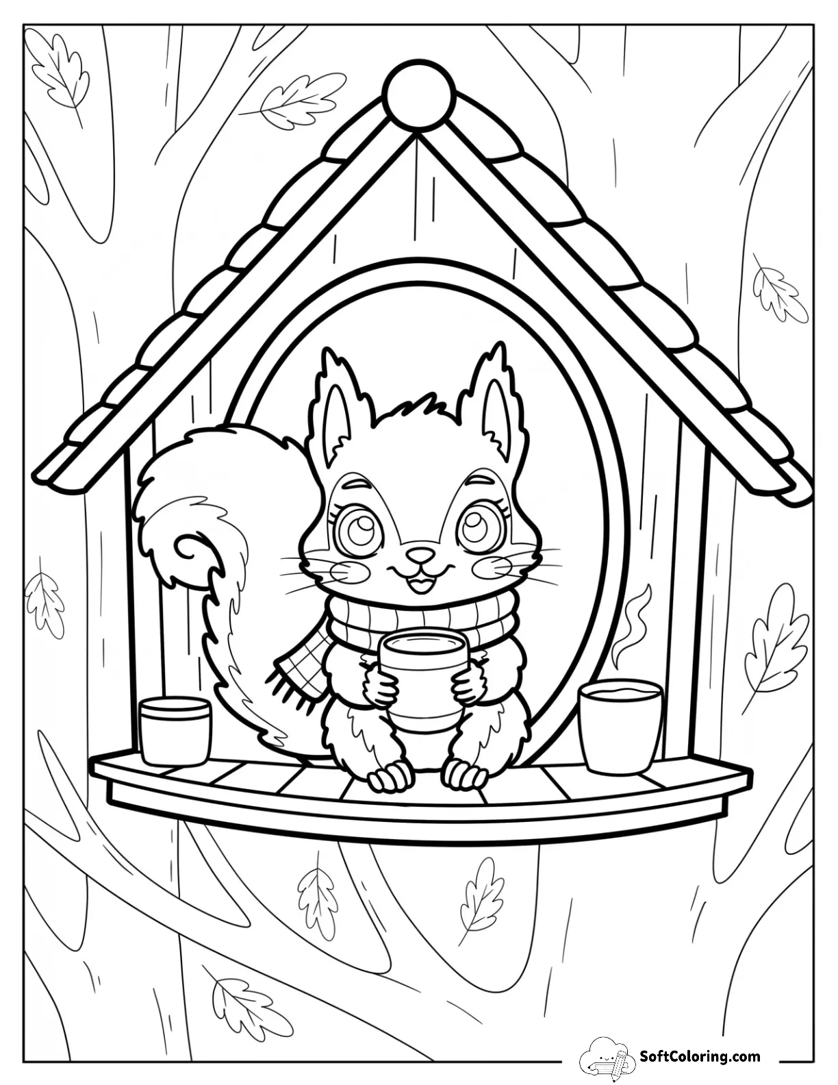 Squirrel Enjoying A Hot Drink In Cozy Treehouse Nook