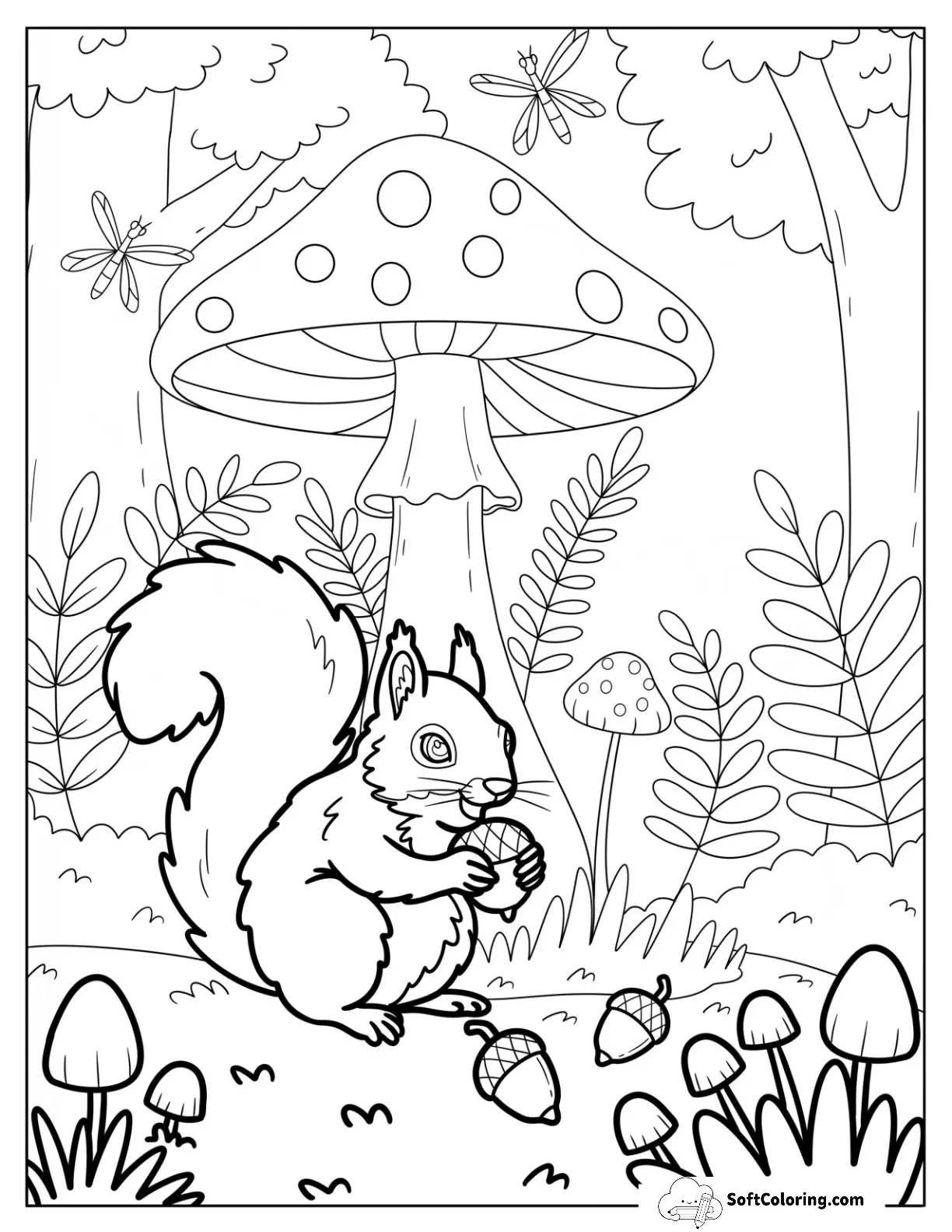 Squirrel Gathering Acorns Beneath Giant Forest Mushroom