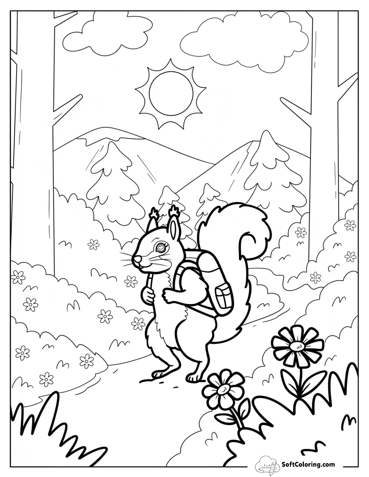 Squirrel Hiking Through Forest Trail With Backpack