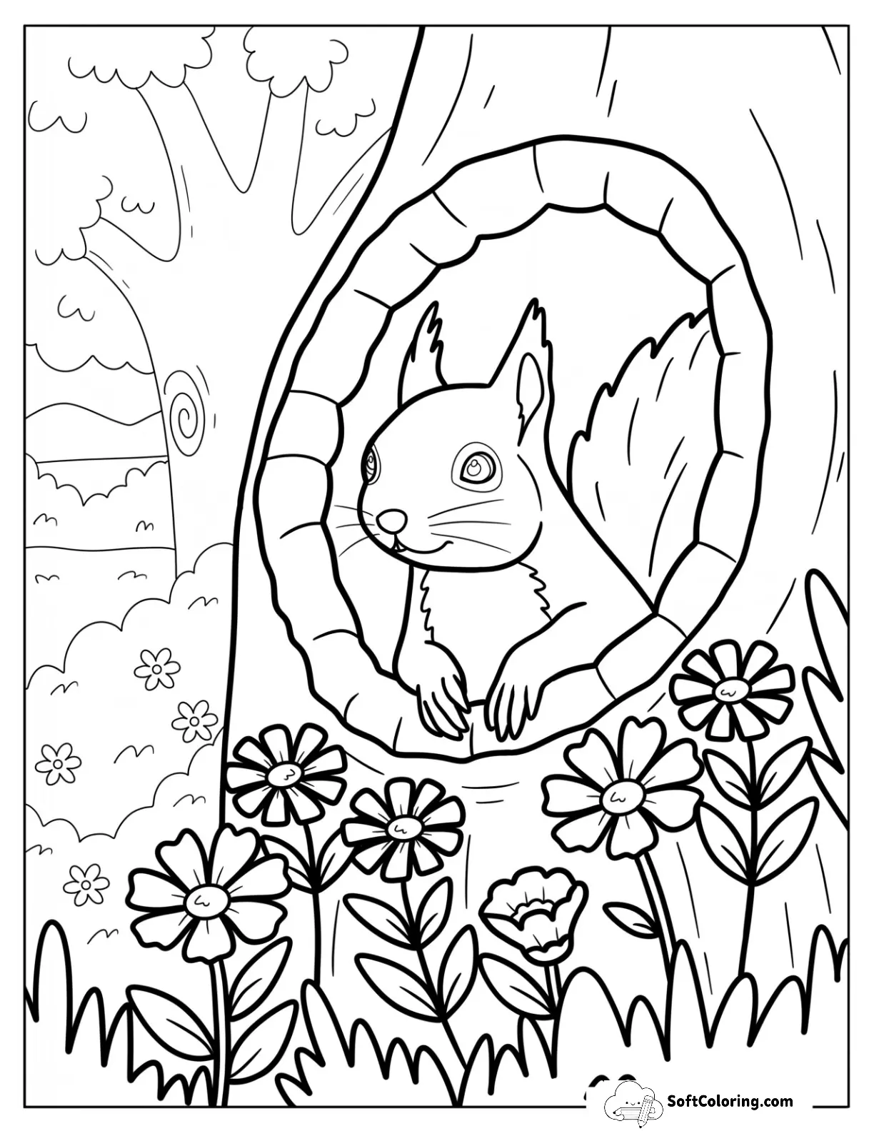Squirrel Peeking Out From Tree Hollow In Flower Garden