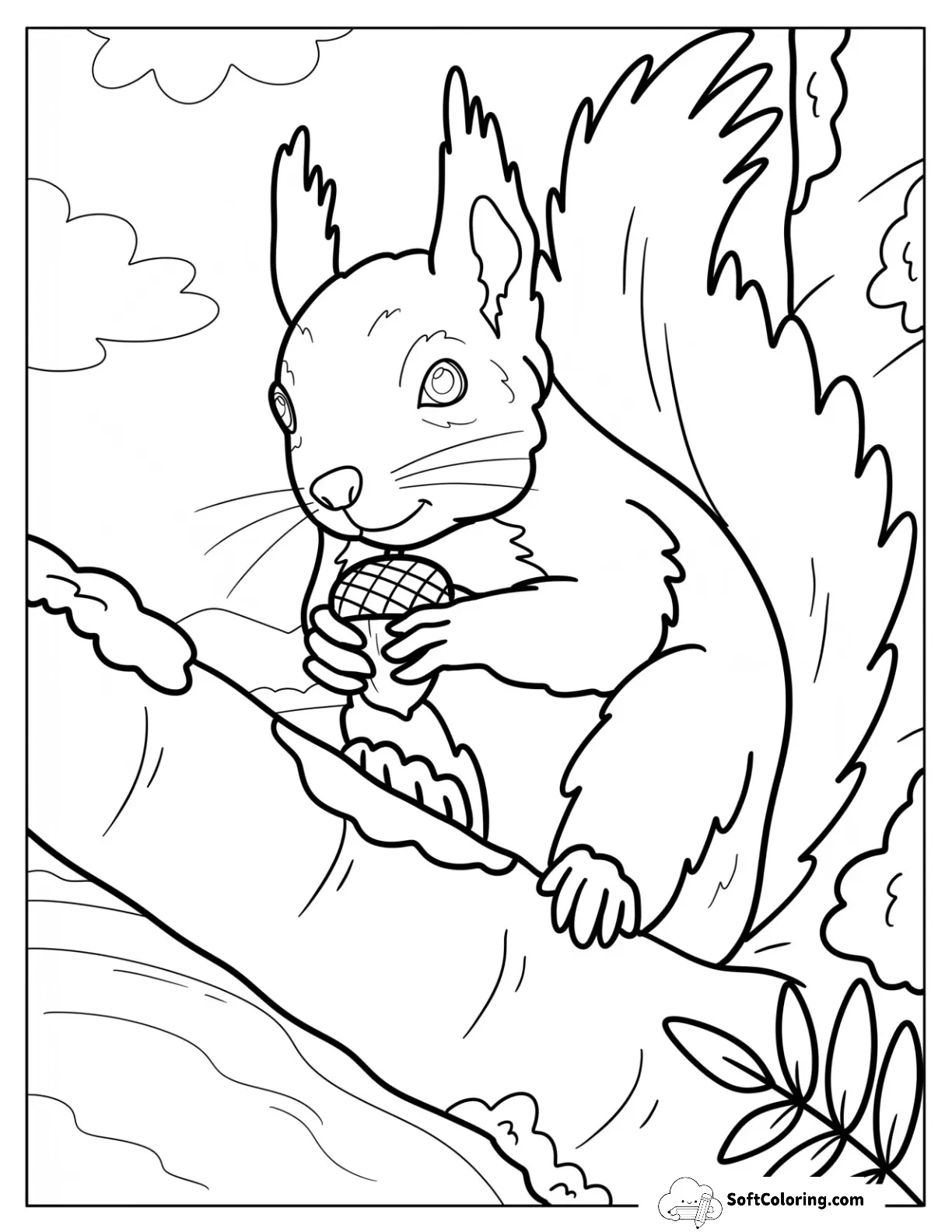 Squirrel Perched On Tree Branch Holding Acorn