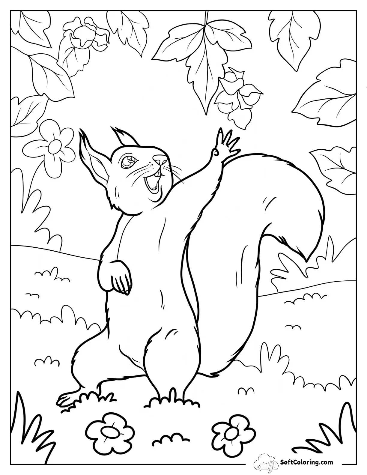 Squirrel Coloring Page Reaching Up For Nuts In Autumn