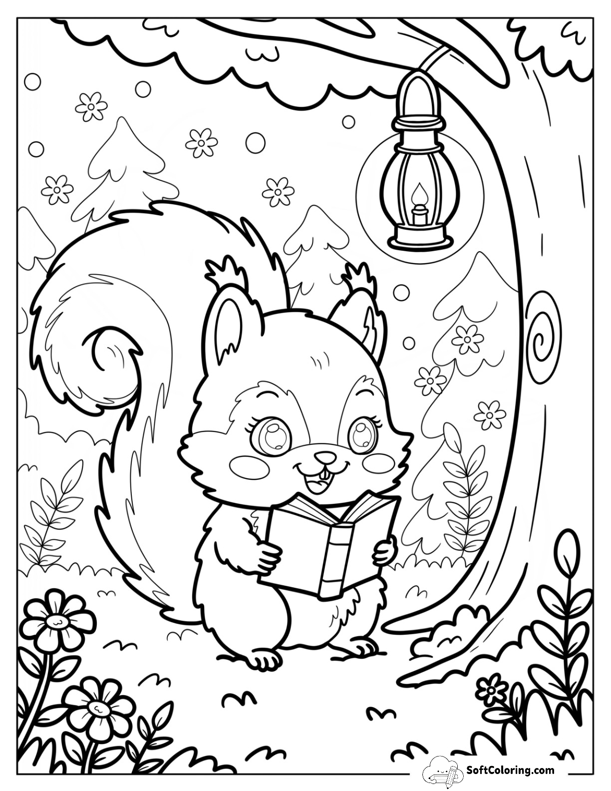 Squirrel Reading By Lantern Light In The Forest