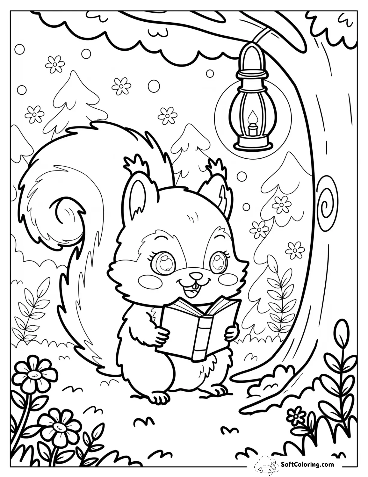 Squirrel Reading By Lantern Light In The Forest