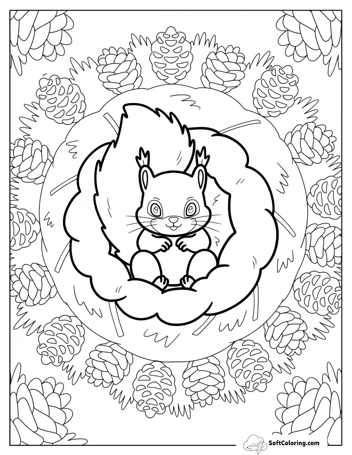Squirrel Resting In A Nest Surrounded By Pinecone