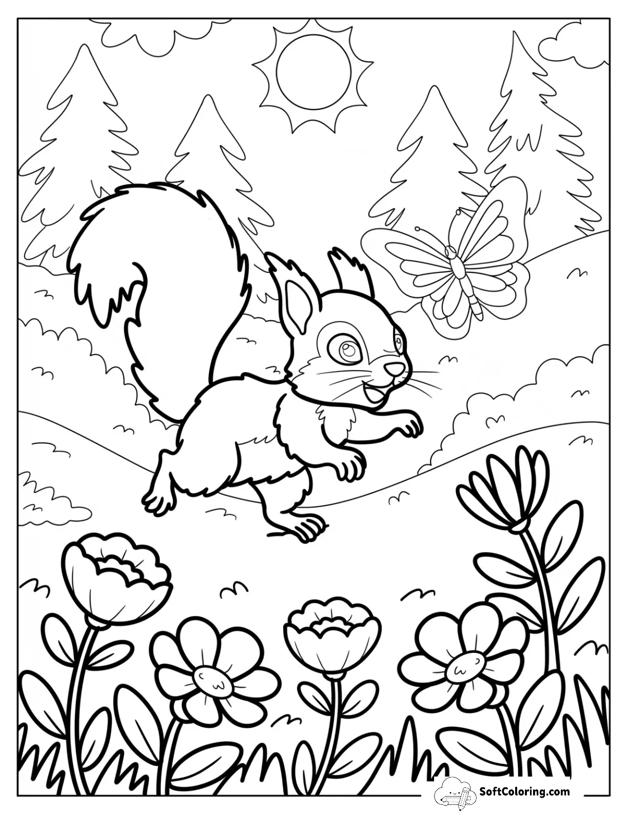 Squirrel Running Through Meadow With Flowers And Butterfly