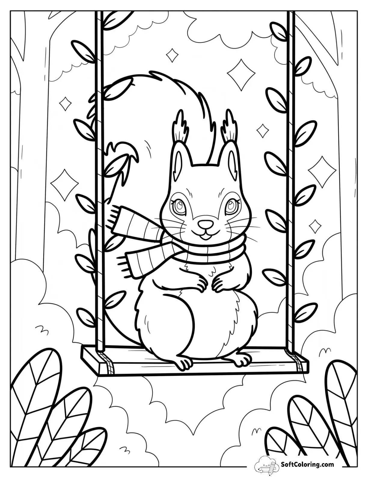 Squirrel Coloring Page Sitting On Garden Swing With Scarf