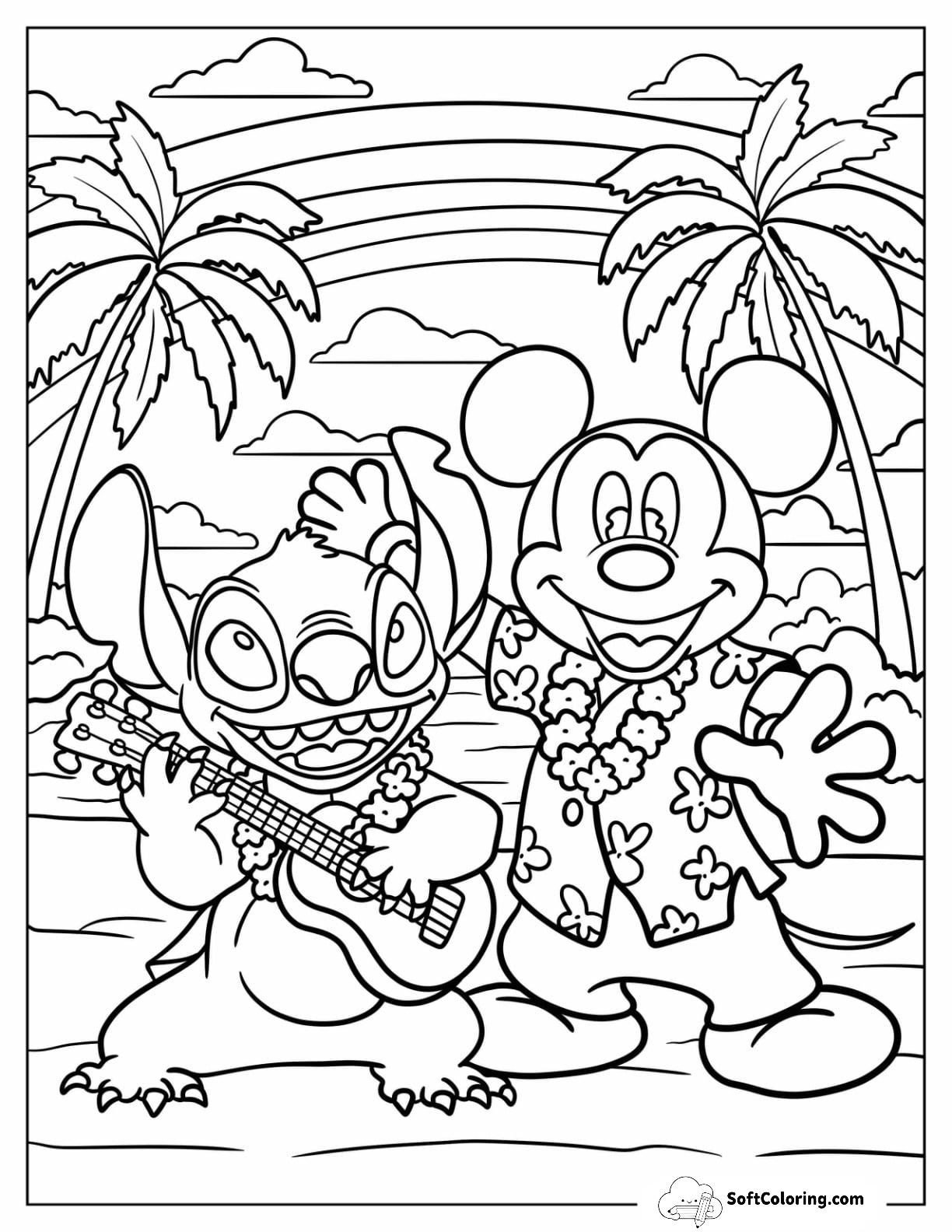 Stitch And Mickey Mouse Coloring Page Dancing On The Beach Coloring Page