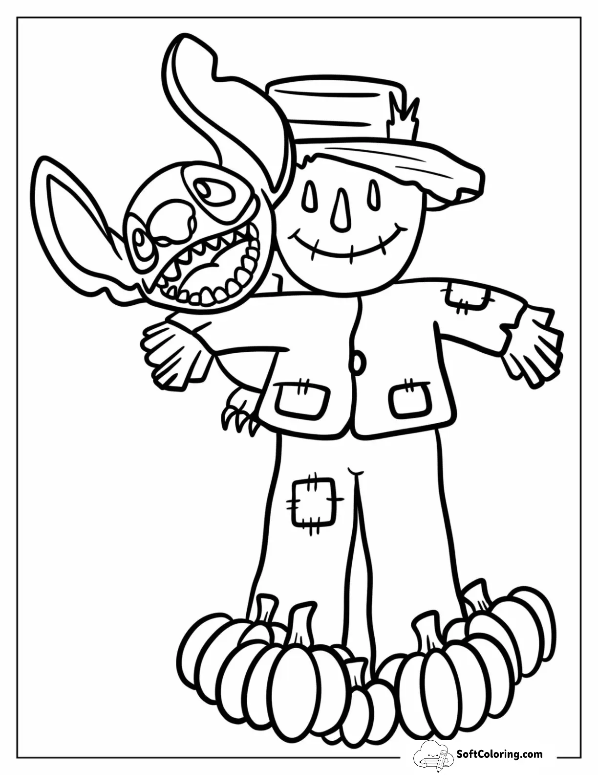 Stitch Clinging To A Scarecrow Coloring Page For Kids