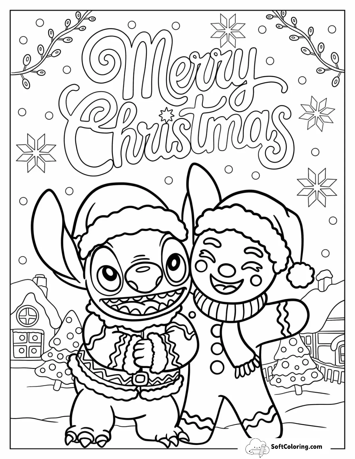 Stitch And Gingerbread Man With Santa Hats With Snowy Christmas