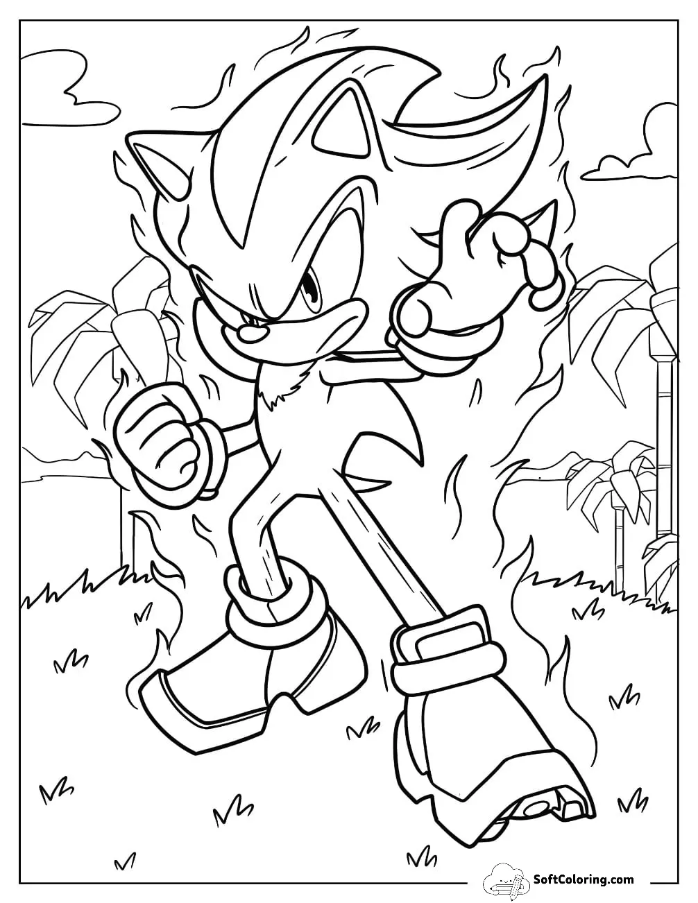 Super Sonic Coloring Page In Fighting Pose For Kids