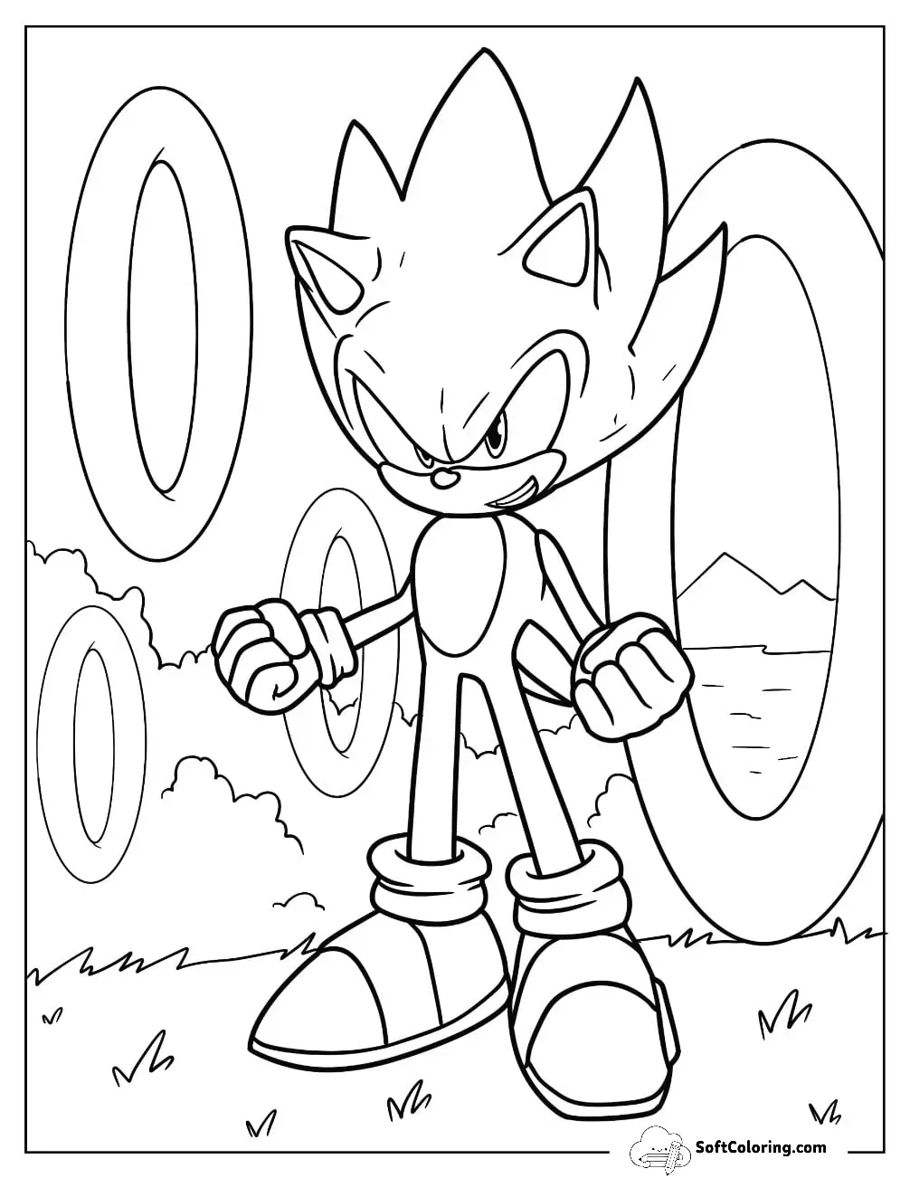 Super Sonic Coloring Page Power Up Surrounded By Rings